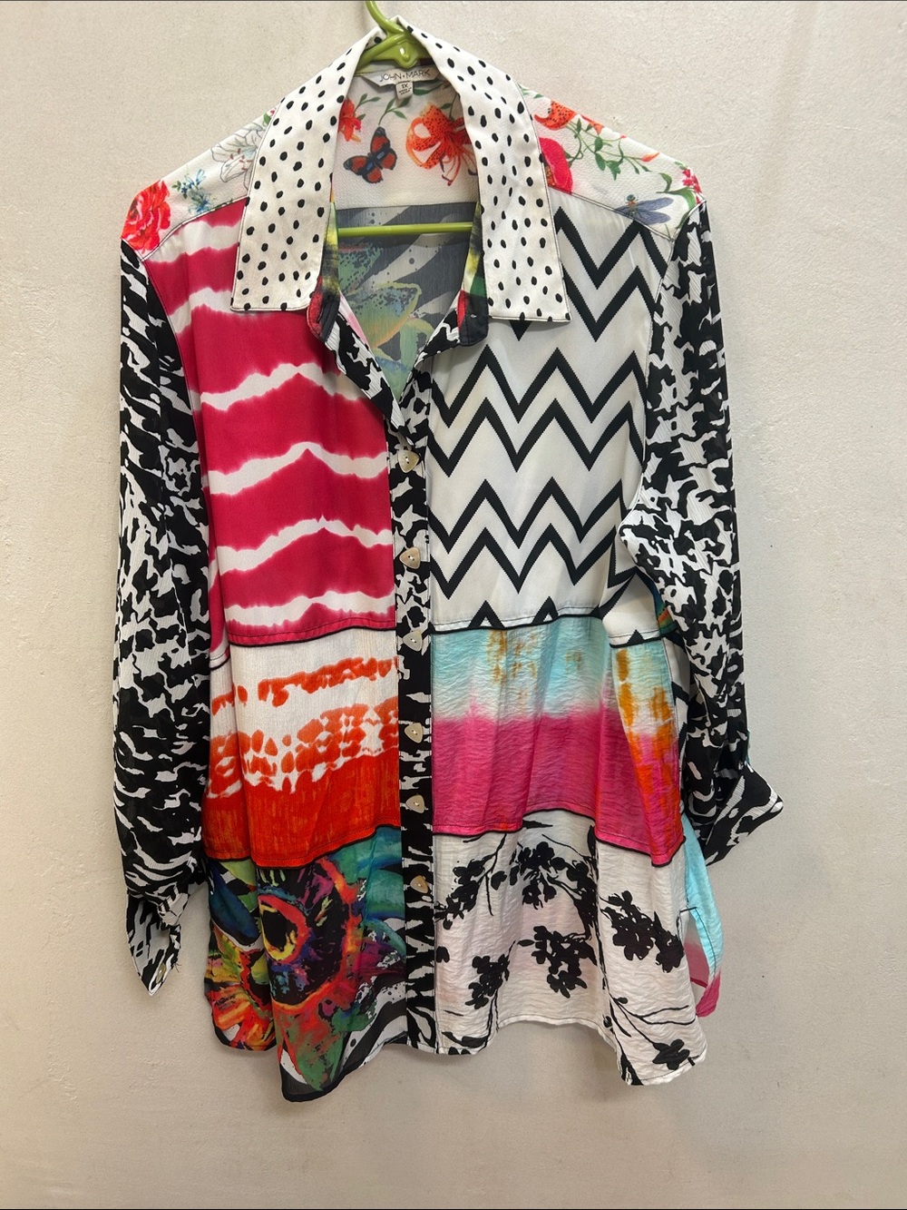 Boho Patchwork Button-Up Blouse - Multicolor